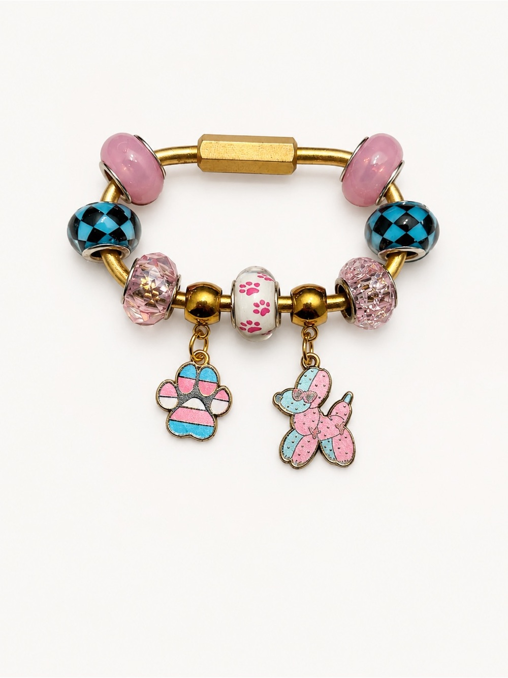 Handmade Pink & Blue Paw Print Gold Tone Brass Carabiner Bag Charm Keychain